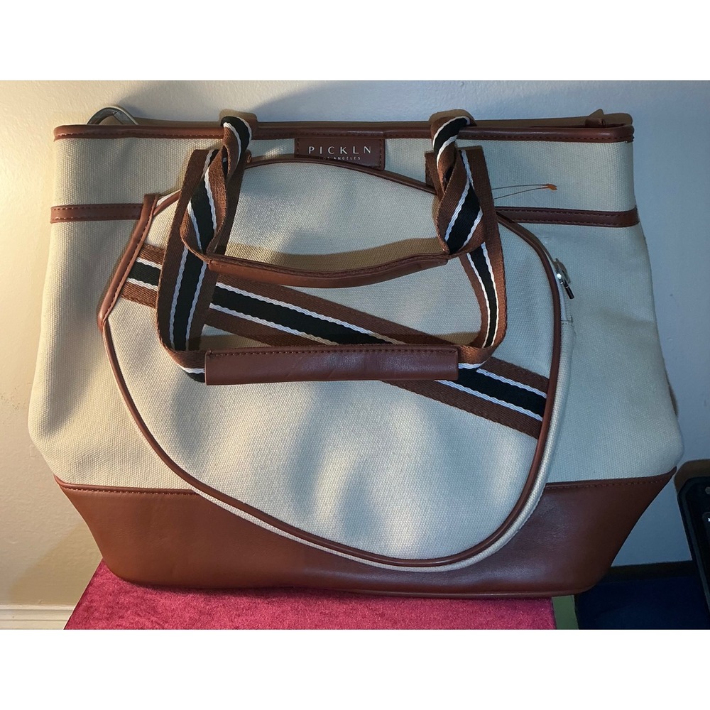 Pickln Los Angeles Pickleball Tote Bag Cream Brown Canvas Faux Leather Trim